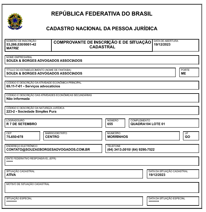 Comprovante de CNPJ da Souza & Borges Advogados